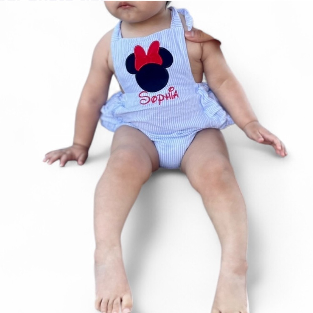 Minnie Mouse-themed baby girl's striped bubble romper